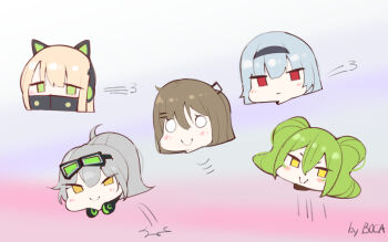 Rule 34 | 5girls, aek-999 (girls' frontline), animal ears, blonde hair, blue hair, boca, brown hair, cat ears, girls' frontline, goggles, green hair, grey hair, headphones, k2 (girls' frontline), m950a (girls' frontline), multiple girls, red eyes, thunder (girls' frontline), tmp (girls' frontline), yellow eyes