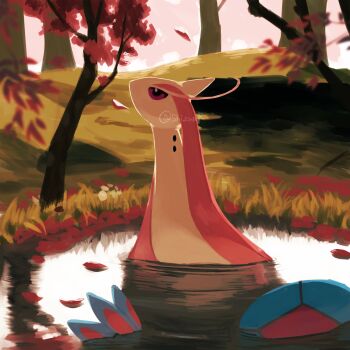 black_eyes closed_mouth colored_sclera falling_leaves gen_3_pokemon highres lake leaf looking_up milotic nintendo no_humans partially_submerged pokemon pokemon_(creature) pokemon_focus red_sclera shiznar solo twitter_username