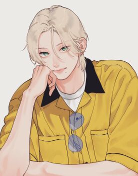 1boy breast_pocket buttons commentary_request earrings glasses green_eyes hand_on_own_cheek hand_on_own_face highres ichimaru_kohaku jacket jewelry leaning leaning_forward mika_yamamori mole mole_under_mouth pocket shirt short_hair sunglasses uruwashi_no_yoi_no_tsuki white_hair white_shirt yellow_jacket