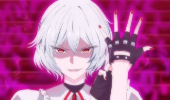 1girl aura black_gloves blurry blurry_background fingerless_gloves gloves grey_hair light_smile merihari07 parody parted_lips red_eyes remilia_scarlet saigo_ni_hitotsu_dake_onegai_shite_mo_yoroshii_deshou_ka scene_reference short_hair smirk solo touhou upper_body