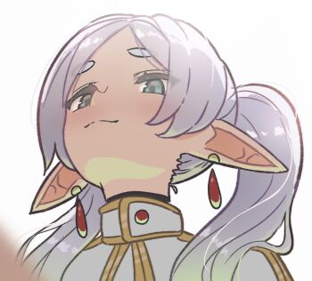 1girl capelet closed_mouth commentary earrings elf english_commentary floating_earrings frieren gold_trim green_eyes jewelry meme parted_bangs pointy_ears portrait simple_background smile solo sousou_no_frieren twintails upward_angle_frieren_drawing_(meme) valenthania white_background white_capelet white_hair