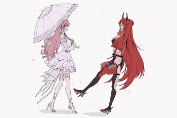 Rule 34 | 2girls, absurdres, arms behind head, breasts, closed eyes, clothing cutout, cropped jacket, dorothy (nikke), dress, goddess of victory: nikke, groin, highres, holding, holding umbrella, horns, hyuiil365, long hair, looking at another, mechanical horns, multiple girls, off-shoulder dress, off shoulder, parasol, pink hair, red hair, red hood (nikke), sidelocks, smile, standing, standing on one leg, thighhighs, umbrella, white background