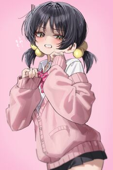 1girl absurdres black_skirt bow bowtie brown_hair cardigan commentary_request green_tea_(matchaistasty) grimace hair_bobbles hair_ornament hands_up highres kaai_yuki low_twintails off-shoulder_cardigan pink_background pink_bow pink_bowtie pink_cardigan pink_sweater pleated_skirt shaded_face shirt short_twintails simple_background skirt sleeves_past_wrists sweater twintails vocaloid white_shirt yellow_eyes zako_(vocaloid)