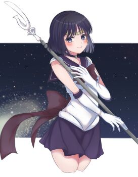 1girl absurdres back_bow bishoujo_senshi_sailor_moon black_hair bob_cut bow choker circlet elbow_gloves gloves highres kam_ezmr lips looking_at_viewer outer_senshi pleated_skirt purple_eyes purple_sailor_collar sailor_collar sailor_saturn sailor_senshi sailor_senshi_uniform short_hair silence_glaive skirt smile solo star_(symbol) star_choker star_symbol_background tiara tomoe_hotaru white_background white_gloves