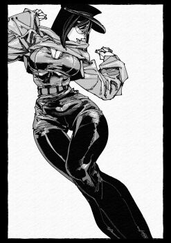 1girl :p belt black_border border breasts cleavage cropped_hoodie greyscale hachinuki_tessei hat highres hood hood_down hoodie jimiko jitome large_breasts long_legs mob_face moire monochrome original pants round_eyewear she_(hachinuki_tetsuyo) sideways_glance simple_background solo thigh_gap thighs tongue tongue_out white_background wide_hips