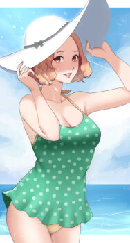 1girl absurdres aqua_dress bare_shoulders beach blue_sky border breasts brown_eyes brown_hair cleavage cloud cloudy_sky collarbone commentary cowboy_shot day dress fluffy_hair halterneck hands_on_headwear hat highres horizon ikhwan_maulana lips looking_at_viewer medium_breasts ocean official_alternate_costume okumura_haru outside_border parted_lips persona persona_5 pink_lips polka_dot polka_dot_dress short_hair sky solo swimsuit white_border white_hat