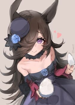 Rule 34 | 1girl, absurdres, animal ears, bare shoulders, blue flower, blue rose, blush, bowl, breasts, brown hair, closed mouth, collarbone, dress, flipped hair, flower, hair over one eye, hat, hat flower, heart, highres, holding, horse ears, horse girl, horse tail, long hair, long sleeves, looking at viewer, off-shoulder dress, off shoulder, purple dress, purple eyes, rice, rice bowl, rice shower (rosy dreams) (umamusume), rice shower (umamusume), rose, shamoji, simple background, smile, sobbi11, solo, tail, tilted headwear, umamusume