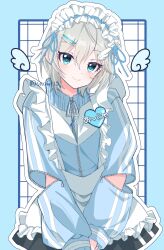Rule 34 | 1girl, anastasia (idolmaster), apron, black skirt, blue background, blue eyes, blue jacket, blue ribbon, commentary, commentary request, eyelashes, frilled apron, frills, gpyz7575, grey hair, hair between eyes, hair ornament, hairclip, heart, highres, idolmaster, idolmaster cinderella girls, jacket, jersey, jersey maid, light blush, long sleeves, looking at viewer, maid, maid apron, maid headdress, ribbon, short hair, sidelocks, skirt, smile, solo, unconventional maid, white apron, wing hair ornament, zipper, zipper pull tab