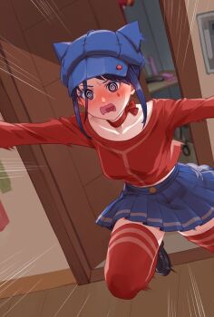 1girl @_@ animal_ear_headwear animal_ears black_shoes blue_hair blue_hat blue_skirt blurry blurry_background blush choker commentary cool_mita_(miside) dildo embarrassed emphasis_lines english_commentary fake_animal_ears hat highres inconspicuous_sex_toy long_sleeves looking_at_viewer maritan_(pixelmaritan) mark_under_eye miside mita_(miside) newsboy_cap nose_blush open_door open_mouth outstretched_arms pleated_skirt red_choker red_shirt red_thighhighs sex_toy shirt shoes sidelocks skirt solo spread_arms teardrop_facial_mark thighhighs wavy_mouth zettai_ryouiki