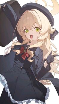 1girl blonde_hair blue_archive formal_clothes long_hair looking_at_viewer niyaniya_(blue_archive) open_mouth school_uniform suit upper_body white_background