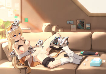 1girl :o absurdres bare_shoulders blonde_hair blue_eyes blush bra bra_lift breasts cat_tail choker clothes_lift collarbone couch cum cum_in_pussy cum_on_body cum_on_hair fake_tail female_masturbation functionally_nude game_console groping_breast hair_between_eyes hair_flaps hand_on_own_chest highres legs_apart long_hair loose_socks lying masturbation medium_breasts michele_(feline_energy)_(strinova) michele_(strinova) mighty_meow_(strinova) nipples off_shoulder on_back open_clothes open_mouth panties_around_leg pussy robot sleep_mask socks solo strinova tail tissue_box uncle_dash underwear used_tissue