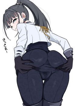 1girl absurdres aiguillette amaya_tsubame ass ass_focus biting_own_lip black_gloves black_hair black_pants blunt_bangs blush boots commentary cropped_jacket earrings gakuen_idolmaster gloves highres idolmaster jacket jewelry long_hair long_sleeves mole mole_under_eye ohgi910 pants ponytail simple_background solo spread_ass spread_pussy spread_pussy_under_clothes sweatdrop thigh_boots white_background white_jacket