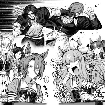 Rule 34 | 2boys, 5girls, = =, almond eye (umamusume), arcade stick, bacius, biwa hayahide (umamusume), bnw (umamusume), bow, bowtie, braid, closed mouth, commentary request, controller, ear covers, ear ornament, game controller, greyscale, hair between eyes, highres, horseshoe ornament, joystick, kusanagi kyou, long hair, long hair between eyes, long sleeves, lucky lilac (umamusume), monochrome, multiple boys, multiple girls, narita taishin (umamusume), open mouth, puffy short sleeves, puffy sleeves, sailor collar, sailor shirt, school uniform, shirt, short hair, short sleeves, side braid, side ponytail, single braid, sound effects, the king of fighters, tracen school uniform, umamusume, v-shaped eyebrows, winning ticket (umamusume), yagami iori