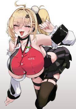 Rule 34 | 1girl, absurdres, ahoge, bare shoulders, black leotard, black skirt, black thighhighs, blonde hair, blush, breasts, chalky (zenless zone zero), choker, cissia (zenless zone zero), commentary, detached sleeves, fangs, hair ornament, hair ribbon, highres, huge breasts, leotard, long hair, looking at viewer, miniskirt, one side up, open mouth, pom pom (clothes), pom pom hair ornament, red eyes, red leotard, ribbon, s4ika, skirt, smile, snake, snake girl, snake tail, tail, thighhighs, untranslatable commentary, white snake, zenless zone zero