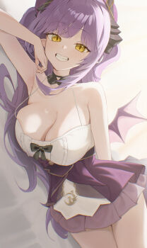 1girl absurdres armpits bare_arms bare_shoulders black_choker breasts choker cleavage dragon_horns dragon_wings grin habi_(kyuri_318) halterneck highres horns large_breasts long_hair looking_at_viewer lying miniskirt on_side pleated_skirt pointy_ears purple_hair purple_skirt sakihane_huya shirt skirt sleeveless sleeveless_shirt smile solo spaghetti_strap stellive strap_gap thighs very_long_hair virtual_youtuber white_shirt wings yellow_eyes