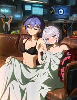 2girls anby_demara artist_name bangboo_(zenless_zone_zero) bare_shoulders belle_(zenless_zone_zero) black_bra blanket blue_hair blush bra breasts burger butt_plug collarbone computer couch earrings fingering food green_eyes grey_hair hair_between_eyes hair_ornament highres implied_fingering implied_nudity jewelry multiple_girls nashidrop navel on_couch patreon_username pillow sex_toy short_hair smile underwear underwear_only watching_television yuri zenless_zone_zero