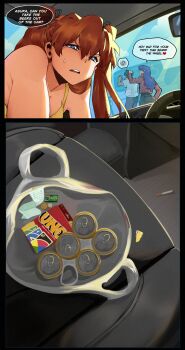 1boy 2girls absurdres beer_can blue_eyes blue_hair brown_hair can car card clauschristmas drink_can english_text highres ikari_shinji jacket katsuragi_misato long_hair motor_vehicle multiple_girls neon_genesis_evangelion souryuu_asuka_langley uno_(game)