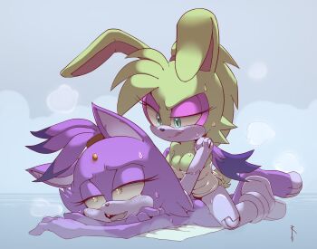 2girls absurdres adam_bryce_thomas animal_ears blaze_the_cat breasts bunnie_rabbot cat_ears cat_girl cat_tail cleavage completely_nude fang forehead_jewel furry furry_female highres lying massage mechanical_arms mechanical_legs medium_breasts multiple_girls nude on_stomach purple_fur rabbit_ears rabbit_girl rabbit_tail single_mechanical_arm sonic_(series) sonic_the_hedgehog_(archie_comics) steam sweat tail third-party_source topknot yellow_eyes yellow_fur