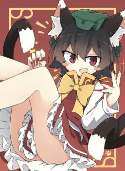 1girl :d animal_ear_fluff animal_ears bare_legs blush_stickers bow bowtie brown_hair cat_ears chen commentary_request feet_out_of_frame feet_up frills glint hair_between_eyes hands_up hat legs_up long_sleeves looking_at_viewer mob_cap nail_polish no_nose open_mouth petticoat reclining red_background red_eyes red_nails red_skirt red_vest ro_74 short_hair simple_background sitting skirt skirt_set slit_pupils smile solo sparkle touhou very_long_fingernails vest yellow_bow yellow_bowtie