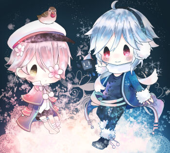 2boys alternate_color alternate_hair_color animal animal_on_head bird bird_on_head blue_hair capelet chibi cubi_(vocaloid) earmuffs miza-sore multiple_boys oliver_(vocaloid) on_head pants pink_hair scarf shorts snowflakes vocaloid winter_clothes yohioloid