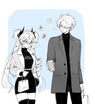 1boy 1girl boots breasts cup demon_horns disposable_coffee_cup disposable_cup fate/grand_order fate_(series) galahad_(fate) greyscale highres horns jacket large_breasts lilith_(fate) long_hair mo_(aabx315) monochrome short_hair sweater thigh_boots twintails