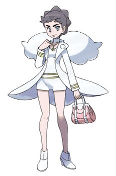 1girl absurdres bag blue_eyes diantha_(pokemon) full_body grey_hair highres jacket jewelry mega_stone necklace nintendo official_art open_clothes open_jacket pokemon pokemon_xy shirt short_hair shorts solo standing sugimori_ken third-party_source transparent_background white_jacket white_shirt white_shorts
