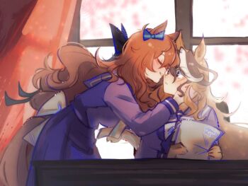 Rule 34 | 2girls, animal ears, blush, bow, bowtie, breasts, brown hair, calamity brezze, chair, closed eyes, commission, curtains, desk, ear bow, hair between eyes, hand on another's cheek, hand on another's face, highres, holding, holding paper, horse ears, horse girl, horse tail, large breasts, long hair, long sleeves, looking at another, maruzensky (umamusume), multicolored hair, multiple girls, paper, parted lips, pleated skirt, purple eyes, purple sailor collar, purple serafuku, purple shirt, purple skirt, sailor collar, sailor shirt, school uniform, serafuku, shirt, sitting, skirt, smile, streaked hair, symboli rudolf (umamusume), tail, tracen school uniform, umamusume, white bow, white bowtie, white hair, yuri