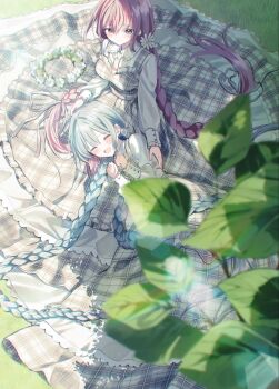 2girls :d ^_^ blue_hair blurry blurry_background blush braid breasts closed_eyes collared_shirt commentary_request copyright_request day depth_of_field dress flower flower_wreath grey_dress grey_eyes hands_up head_wreath highres lap_pillow long_hair long_sleeves low_twintails lying medium_breasts multiple_girls necktie on_grass on_side open_mouth outdoors pentagon_(railgun_ky1206) pink_hair pink_necktie plaid_clothes plaid_dress puffy_long_sleeves puffy_sleeves shirt sitting sleeveless sleeveless_dress sleeves_past_wrists smile twin_braids twintails very_long_hair white_flower white_shirt yellow_flower