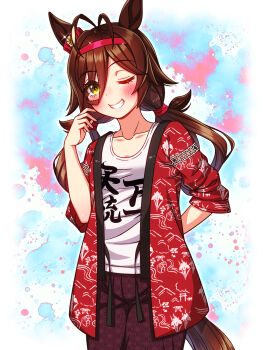 1girl animal_ears antenna_hair blush breasts brown_eyes brown_hair casual collarbone commentary_request grin hair_between_eyes hairband highres horse_ears horse_girl horse_tail jacket long_hair looking_at_viewer low_twintails no_reason_(casual)_(umamusume) no_reason_(umamusume) one_eye_closed open_mouth red_hairband red_happi shirt shorts smile solo sugimotty_nova tail teeth twintails umamusume white_shirt