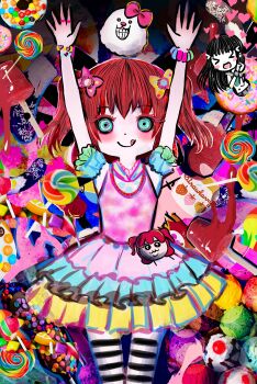 Rule 34 | absurdres, arms up, blush, box wonderland, bracelet, candy, donut, dot nose, food, highres, jewelry, kurosawa dia, kurosawa ruby, lollipop, love live!, love live! sunshine!!, multicolored eyes, red hair, smile, twintails