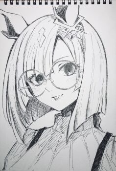 1girl animal_ears glasses greyscale hair_between_eyes highres horse_ears horse_girl ikuno_dictus_(casual)_(umamusume) ikuno_dictus_(umamusume) looking_at_viewer medium_hair mizuiro_neko monochrome parted_lips photo_(medium) portrait round_eyewear simple_background solo sweater traditional_media turtleneck turtleneck_sweater umamusume