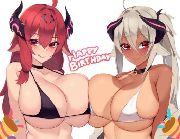 2girls ahoge animal_ears asymmetrical_docking bikini birthday black_bikini black_choker black_collar black_horns borrowed_character breast_press breasts choker collar dark-skinned_female dark_skin demon_girl demon_horns docking glowing_horns goat-chan_(enarane) goat_alter_(narane) goat_ears goat_girl goat_horns happy_birthday horns huge_breasts kuavera looking_at_viewer multiple_girls original red_eyes red_hair swimsuit symmetrical_docking tan tanline white_bikini white_hair