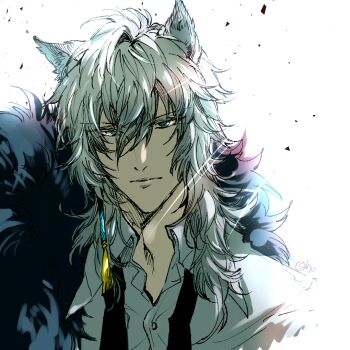 Rule 34 | 1boy, animal ear fluff, animal ears, arknights, bishounen, black necktie, blue eyes, closed mouth, collared shirt, commentary request, earrings, fur trim, grey eyes, grey hair, hair between eyes, jewelry, long hair, looking at viewer, male focus, merry (secilhodoshima), necktie, shirt, silverash (arknights), simple background, single earring, snow leopard boy, snow leopard ears, solo, upper body, white background, white hair, white shirt