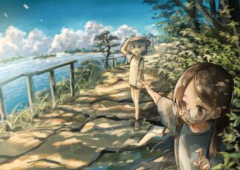 2girls absurdres arm_up black_shorts blue_sky brown_eyes brown_hair brown_hat bush cloud commentary_request day double-parted_bangs dragging forehead glasses grey_eyes grey_hair grey_shirt grey_shoes hair_between_eyes hair_ornament hairclip hand_up hat highres holding_hands island long_bangs long_hair multiple_girls ocean open_mouth original outdoors outstretched_arm parted_bangs path pointing rice_hat road scenery semi-rimless_eyewear shirt shoes shore short_shorts shorts sky slice_of_life smile summer t-shirt tree tsushima_sora walking