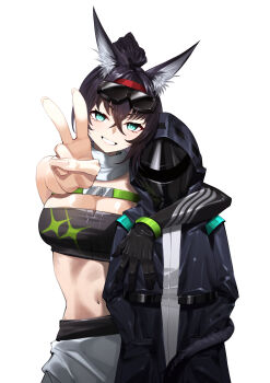 1girl 1other :d absurdres animal_ear_fluff animal_ears aqua_eyes arknights arm_around_neck bandeau black_bandeau black_coat black_gloves black_hair black_tail blaze_(arknights) breasts chinese_commentary cleavage coat commentary_request crop_top crossed_bangs doctor_(arknights) eyewear_on_head ghosty_(xiaobai) gloves grin hair_between_eyes hand_on_another's_chest hands_in_pockets heads_together highres hood hood_up hooded_coat large_breasts long_sleeves looking_at_viewer navel open_mouth outstretched_arm short_hair simple_background smile tail tail_around_another's_waist v white_background