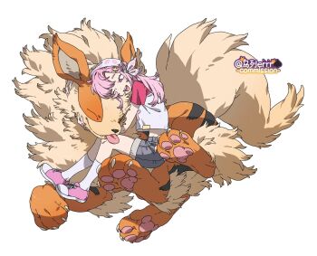 Rule 34 | 1girl, arcanine, black fur, blue shoes, blue shorts, character request, commission, gen 1 pokemon, highres, nintendo, one eye closed, orange fur, pink eyes, pink hair, pokemon, pokemon (creature), shirt, shoes, shorts, socks, solo, white shirt, white socks, wulie errr