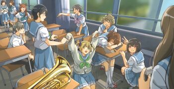 Rule 34 | 1boy, 6+girls, black hair, blonde hair, bow, brown hair, camera, chair, closed eyes, curtains, euphonium, finger to mouth, fuyuhino, glasses, green eyes, grey hair, grin, hair bow, hairband, hariya kaho, hibike! euphonium, highres, hisaishi kanade, holding, holding camera, instrument, kamaya suzume, kamiishi yayoi, katou hazuki, kawashima sapphire, kuroe mayu, long hair, long sleeves, medium hair, multiple girls, oumae kumiko, school, school uniform, short hair, sitting, sleeping, sleeves past fingers, sleeves past wrists, smile, suzuki mirei, suzuki satsuki, table, tsukinaga motomu, twintails, v, window