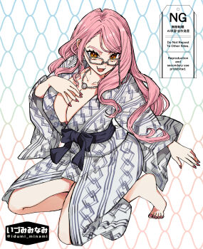 1girl absurdres barefoot bath_yukata blue_sash breasts cleavage fate/grand_order fate_(series) glasses hair_ornament hairclip highres izumi_minami japanese_clothes jewelry kimono koyanskaya_(fate) koyanskaya_(over_the_same_sky)_(fate) large_breasts long_hair long_sleeves looking_at_viewer necklace obi open_mouth pink_hair sash shima_(pattern) smile solo white_kimono wide_sleeves yellow_eyes yukata