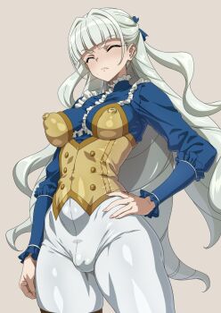 1girl blush breasts closed_eyes closed_mouth commentary_request covered_testicles drill_hair futanari green_hair grey_background hair_ribbon hand_on_own_hip highres large_breasts long_hair pants ribbon saint-germain_(symphogear) senki_zesshou_symphogear simple_background solo syunzou testicles white_pants