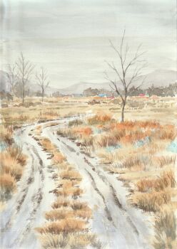 bare_tree commentary_request day highres landscape meadow mountainous_horizon no_humans original outdoors overcast painting_(medium) paruperu path road rural scenery sky traditional_media tree watercolor_(medium)