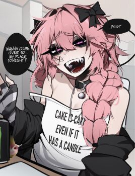 Rule 34 | 1boy, ?, ace glitch, astolfo (fate), bell, bow, braid, collar, commentary, cross, cross earrings, earrings, english commentary, english text, fangs, fate/apocrypha, fate (series), hair between eyes, hair bow, highres, jewelry, male focus, monster energy, neck bell, open mouth, pink eyes, pink hair, solo, speech bubble, teeth, tongue, trap