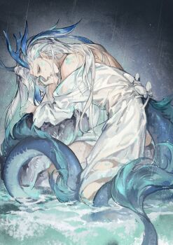 Rule 34 | 1boy, absurdres, bare shoulders, blue eyes, blue horns, bow, dragon boy, dragon horns, dragon tail, eastern dragon horns, elbow rest, frilled shirt, frills, genshin impact, hashtag-only commentary, highres, horns, kneeling, long hair, long sleeves, lv zhu xuan, male focus, neuvillette (genshin impact), parted lips, pointy ears, shirt, solo, tail, water, wet, wet clothes, wet hair, white hair, white shirt