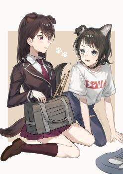 2girls absurdres aged_down animal_ears bag bang_dream! bang_dream!_it&#039;s_mygo!!!!! black_choker black_hair black_jacket blue_eyes blue_pants brown_shoes brown_socks chinese_commentary choker closed_mouth collared_shirt commentary_request dog_ears dog_girl dog_tail drumsticks grey_bag haneoka_school_uniform highres jacket kemonomimi_mode kneehighs loafers long_hair multiple_girls necktie open_mouth pants plaid_clothes plaid_necktie plaid_skirt pleated_skirt purple_eyes purple_necktie purple_skirt school_bag school_uniform shiina_taki shirt shoes short_hair short_sleeves sitting skirt socks tail teeth trileo405 twitter_username unmoving_pattern white_shirt yahata_umiri