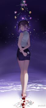 Rule 34 | 1girl, absurdres, arms behind back, barefoot, beach, black choker, black shorts, blood, blood on feet, chainsaw man, choker, closed mouth, commentary request, flower, full body, glass shards, green eyes, grey shirt, hair bun, highres, holding, holding flower, looking at viewer, looking back, mochiru119, night, ocean, purple flower, purple hair, reze (chainsaw man), shirt, short shorts, shorts, sleeveless, sleeveless shirt, smile, solo, yellow flower