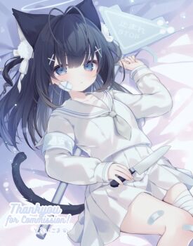 1girl animal_ear_fluff animal_ears antenna_hair armband bandaged_leg bandages bandaid bandaid_on_leg bandaid_on_thigh bed_sheet black_hair black_tail blue_eyes blunt_bangs cat_ears cat_girl cat_tail commission cross_hair_ornament extra_ears gauze gauze_on_cheek hair_ornament hair_ribbon halo high-waist_skirt holding holding_knife kasaneko_(kasaneko3) knife komachi_pochi light_blush long_hair looking_at_viewer lying neckerchief on_back original pleated_skirt ribbon ringlets road_sign sailor_collar school_uniform serafuku sign skeb_commission skindentation skirt stop_sign tail thank_you two_side_up white_neckerchief white_ribbon white_sailor_collar white_serafuku white_skirt