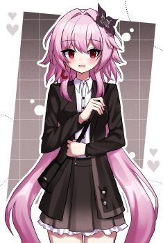 1girl alternate_costume bag black_bag black_flower black_jacket black_skirt border breasts collared_shirt commentary cowboy_shot dot_nose earrings english_commentary evernight_(honkai:_star_rail) flower grid_background hair_flower hair_intakes hair_ornament hairclip heamil178211 highres holding_strap honkai:_star_rail honkai_(series) jacket jewelry light_blush long_sleeves march_7th_(honkai:_star_rail) medium_breasts open_mouth outline parallel_hairclips pink_hair red_eyes shirt shoulder_bag single_earring skirt white_border white_outline white_shirt