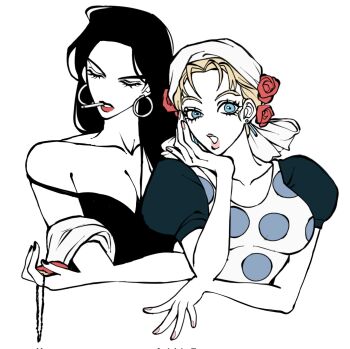 2girls apron bandana bare_shoulders battle_tendency black_dress black_hair blonde_hair blue_dress blue_eyes breasts cigarette clamchowder55 cleavage closed_eyes commentary_request dress earrings flower flower_ornament hair_flower hair_ornament headscarf highres hoop_earrings jewelry jojo_no_kimyou_na_bouken korean_commentary large_breasts lisa_lisa long_hair makeup multiple_girls no_nose off_shoulder pink_lips pink_nails polka_dot polka_dot_apron puffy_sleeves red_lips red_stone_of_aja rose suzi_q white_headscarf