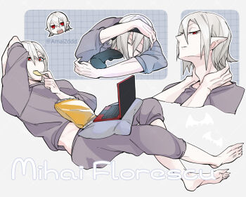 1boy barefoot character_name computer dabu_(dabuchan) eating feet full_body kemono_jihen laptop male_focus mihai_florescu multiple_views pointy_ears red_eyes solo vampire
