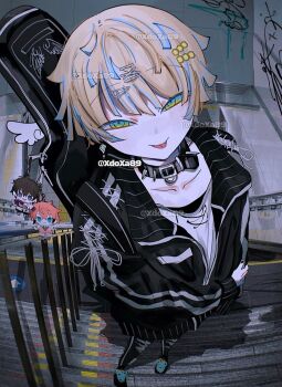 1boy akagi_wen akagi_wen_(1st_costume) black_jacket blonde_hair charm_(object) choker closed_mouth commentary foreshortening from_above full_body hair_between_eyes hair_ornament hairclip hand_on_own_arm hibachi_mana highres instrument_case instrument_case_on_back jacket long_sleeves looking_at_viewer male_focus multicolored_hair nijisanji pants punk saiki_ittetsu saiki_ittetsu_(1st_costume) short_hair smile solo spiked_choker spikes streaked_hair symbol-only_commentary tongue tongue_out torn_clothes torn_pants virtual_youtuber xdoxa89