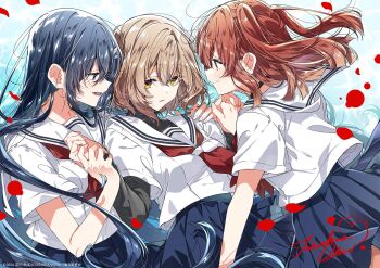 3girls black_hair black_skirt black_sleeves blue_eyes brown_eyes brown_hair end_card guest_art hand_on_another&#039;s_shoulder highres holding_hands multiple_girls necktie oumi_shiori red_hair red_necktie red_petals school_uniform shirt signature skirt smile takeshima_eku undershirt watashi_wo_tabetai_hitodenashi water white_shirt yaotose_hinako yashiro_miko yellow_eyes yuri